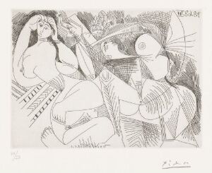  Etching by Pablo Picasso entitled "Siesta: To kvinner," showing two abstracted female figures in a restful pose, drawn with black lines on white paper, with intricate line work and textural details.