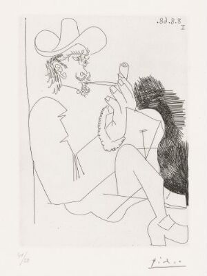  A black and white etching by Pablo Picasso titled "Rembrandtsk mann med pipe" depicting an abstract figure of a man sitting profiled to the right, wearing a wide-brimmed hat and smoking a pipe, rendered in Picasso's distinctive linear style on white paper.