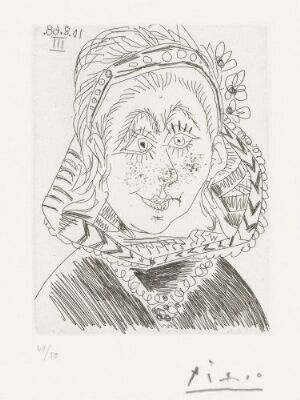  "Portrett av en hollandsk borgerfrue med kyse," a line etching by Pablo Picasso depicting a stylized portrait of a Dutch woman in traditional attire. The artwork features expressive line work to represent her face with asterisk-like eyes and a smile, and a headgear with intricate patterns, hinting at braided hair or decorative elements in the cap, along with a detailed lace ruff around her neck, all rendered in black on white paper.