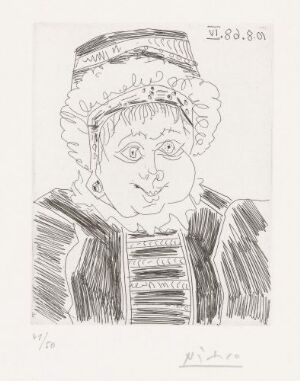  Black and white etching titled "Tjenestepiken (til de to foregående)" by Pablo Picasso, featuring a portrait of a maid with a frilled hat and a textured dress, her expression neutral as she looks directly at the viewer.