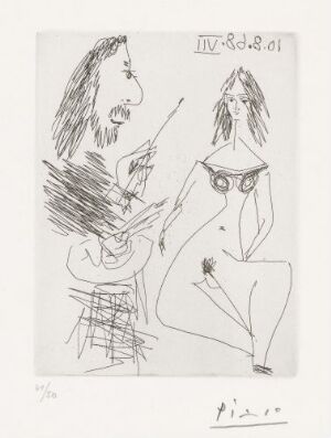  A monochromatic line drawing by Pablo Picasso titled "Gammel maler med en ung kvinne" shows an old painter with wild hair and a beard, holding a thin object, possibly a brush, next to a young