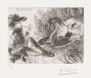 
 A fine art black and white etching on paper by Pablo Picasso titled "Herre med pipe og naken maja," depicting a man in a wide-brimmed hat smoking a pipe on the left and a reclining nude female figure on the right, both rendered with expressive lines and shading.