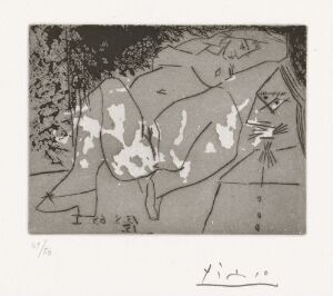  "Jeune femme et 'mousquetaire'" by Pablo Picasso, a grayscale print showing a stylized reclining nude female figure with abstract white patches on her body next to a simplified musketeer figure, set against a dark textured background, created with aquatint and drypoint techniques.