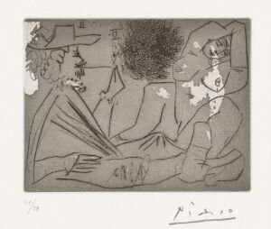  "Musketer sender en røyksky i ansiktet på en ung kvinne" by Pablo Picasso, an aquatint and drypoint on paper depicting an abstract and stylized musketeer with a wide-brimmed hat sending a puff of smoke towards the face of a young woman in varying shades of gray.