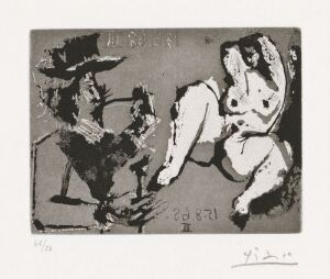  A monochromatic aquatint print by Pablo Picasso titled "Mann med pipe og stokk og ung naken kvinne" (Man with pipe and cane and young naked woman), showing an abstracted elderly man with a pipe and cane on the left, and a young, nude, and stylized woman on the right, all rendered in varying shades of grey against a white background.