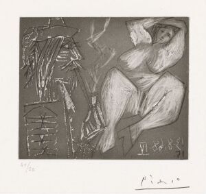  "Ung kvinne og piperøykende mann" by Pablo Picasso, a fine art print featuring abstract monochromatic figures of a seated woman and a pipe-smoking man, rendered in aquatint, drypoint, and scraping techniques on paper, creating an intimate and contemplative scene.