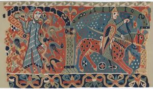  The Baldishol Tapestry by an unidentified artist, a historical woven textile work using sheep's wool featuring two royal figures on patterned steeds in bright colors of blue, red, orange, and cream. The left figure is in a blue-striped tunic, while the right one in red is playing a stringed instrument. The tapestry is detailed with floral patterns and geometric shapes on the borders.