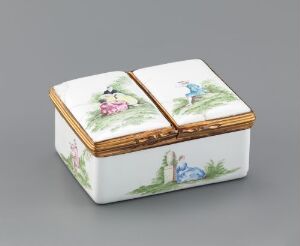 
 Enameled and painted copper container 'Dåse' by an unidentified artist with hand-painted depictions of flowers and insects on a white background, adorned with realistic bamboo designs on the sides.