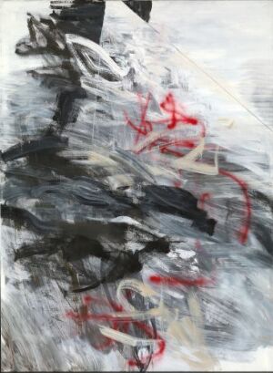  Abstract painting by Inger Sitter titled "Uten tittel" featuring chaotic black and gray brushstrokes with vibrant red accents on canvas, showcasing a visually stimulating and emotive abstract art piece.