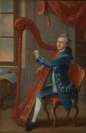  Oil painting of Generalmajor Louis Claude le Normand de Bretteville, featuring an 18th-century gentleman in a blue military uniform playing a red and gold harp, set against