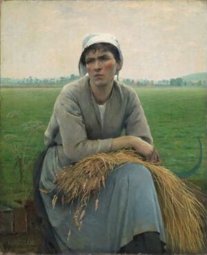  An oil on canvas painting by Asta Nørregaard featuring a young woman in early 20th-century rural clothing, seated with a bundle of wheat in her lap, against a backdrop of an expansive, overcast sky and flat green fields. Her attire includes a gray dress, a blue apron, and a white cloth cap, and she radiates a contemplative aura amidst the soft color palette of blues, greens, and grays.