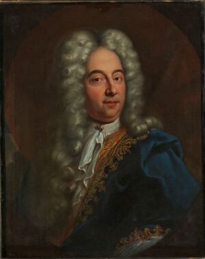  "Mannsportrett," an oil painting on canvas by an unidentified artist, featuring a man from the 17th or 18th century with powdered curly hair, dressed in a dark blue coat with gold embroidery, holding a confident gaze.