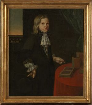  "Student Hammer, 14 år" by Peder Joensen, an oil painting on linen depicting a young student standing next to a table with a closed book, dressed in a dark coat with a lace collar, against a subdued interior backdrop.