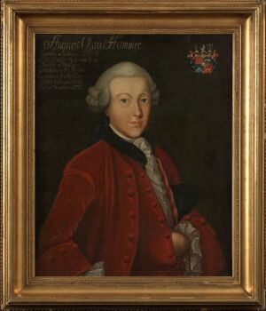  "Andreas Olaus Hammer" by Peder Pedersen Aadnes – A classic oil on canvas portrait showing a male figure in an 18th-century red coat with a blue and gold waistcoat, featuring a white powdered wig, against a dark backdrop, encased in a varnished golden wooden frame with a heraldic crest above his head.