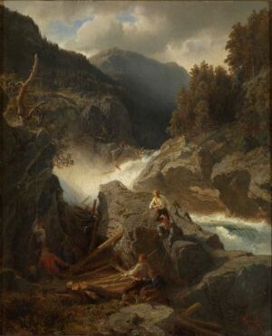  "Waterfall in Hallingdal" by Hans Gude, an oil on canvas painting illustrating a dramatic Norwegian landscape featuring a central waterfall with frothy white waters, surrounded by rugged mountains, lush greenery, and a moody, overcast sky.