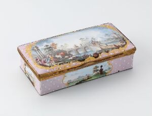  A rectangular vintage tin box with a soft lavender base, gold trim, and a detailed pastoral scene on the lid, featuring figures in 18th-century attire against a blue and green landscape.