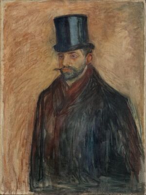  "Julius Meier-Graefe" by Edvard Munch, an oil painting on canvas featuring an elegant gentleman in a black top hat and cloak against a warm tan-background, with a serious and dignified demeanor.