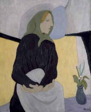  "Anne" by Harald Kihle, an oil on canvas painting depicting a contemplative female figure in stylized form, holding a bundle in her arms, set against a divided background of muted yellow, grey, and blue, with a simple green plant in a vase.