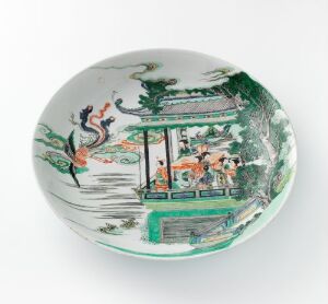  Antique shallow ceramic bowl with a pagoda-style gazebo and trees painted in traditional Asian style, featuring shades of green, orange, and white with crackled glaze finish.