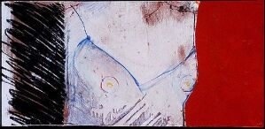  An abstract mixed media artwork by Gabrielle Solem, with a black textured brushwork on the left, a central abstract form with pale beige and blue hints amidst soft splatters, and a bold crimson block on the right, on canvas and paper mounted on a plate.