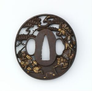  A dark patinated circular tsuba (Japanese sword handguard) with central elliptical and two semicircular side openings, featuring intricate golden-inlaid carvings of mythological or folklore scenes.