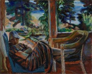  "Ragna on the Veranda" by Henrik Sørensen, oil on canvas, featuring a woman in a striped dress seated on a wooden chair on a veranda, relaxed and possibly reading, with an empty chair across from her, set against a backdrop of a verdant landscape with expressive brushstrokes in greens, blues, and earth tones.
