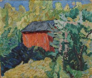 "Summer in Kviteseid," an oil on wooden fiberboard painting by Henrik Sørensen, featuring a small red house amidst lush green foliage with yellow and blue hints of sunlight and sky, conveying a warm, serene summer atmosphere.