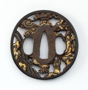  An antique Japanese tsuba (sword handguard) with a central elliptical opening on a dark metallic background, featuring intricate golden and silver inlays of natural and mythical motifs.