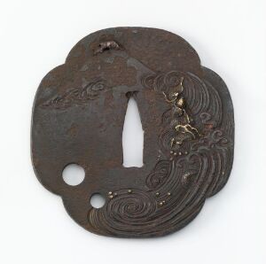  An antique, circular bronze lock plate with intricate embossing and a central keyhole, showcasing a deep brown patina and decorative patterns.