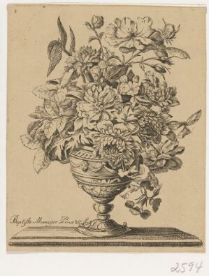  Copper engraving on paper by Jean Baptiste Monnoyer titled "Vase med blomster," depicting a detailed, monochromatic still life of a floral arrangement in a classical vase, rendered in various shades of grey against a beige paper background.