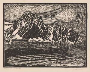  "From Svolvær II" by John Savio is a woodcut print on paper, showcasing a monochromatic scene with dark, textured mountains under a dynamic sky with ripple-like patterns in the foreground, indicative of a Nordic fjord or coastal landscape.