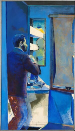  An expressive oil painting on canvas by Kjell Torriset, featuring a deep blue silhouette of a person standing in a room suffused with different hues of blue, including a background canvas with splashes of white, yellow, and green.