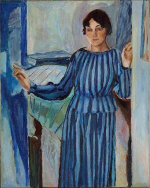  An expressive oil painting on canvas by artist Henrik Sørensen, featuring a woman in a blue and white striped dress standing in a room with abstract blue and white background elements, capturing a reflective mood with bold brushwork.