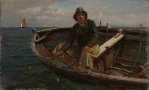  An oil painting by Hans Gude on canvas mounted on a paperboard depicting a thoughtful man sitting in a wooden rowboat under a muted sky, with shades of green and blue dominating the sea and sky, and a distant sailboat on the right with a warm-colored sail.