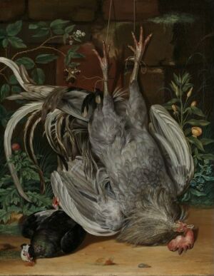  "Dead Birds" by Anton Friedrich Harms, an oil painting depicting two lifeless birds arranged against a dark background with subtle greenery, showcasing the contrast between the grey plumage of the larger bird hung upside down and the smaller black bird lying below.