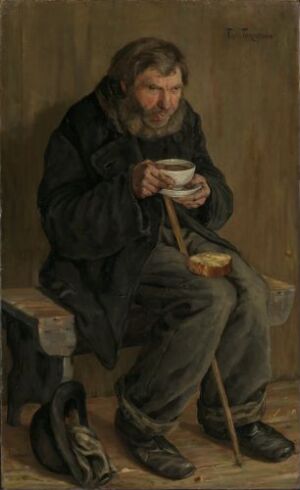  "En tigger" by Thorvald Hagbart Torgersen, an oil on canvas painting depicting a somber scene of a beggar seated on a wooden stool, holding a cup, with a hat and walking stick at his feet, clothed in a black coat against a muted brown background.