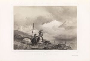  Black and white lithograph on paper by Auguste Etienne François Mayer, titled "Snøhetta sett fra veien mellom Hjerkin og Kongsvoll," depicting a historical scene of two figures in a mountainous landscape under a dynamic cloudy sky with the majestic Snøhetta mountain in the backdrop.