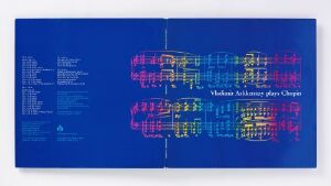  "Vladimir Ashkenazy plays Chopin" by Bruno Oldani - A graphic design on paper featuring a stylized and colorful representation of a musical score on a deep blue background, with vivid neon yellow, green, pink, orange, and red colors illustrating notes and musical elements, accompanied by text displaying the artist's name and the title of the work.