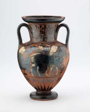  An ancient Greek amphora with black-figure decoration depicting a mythological scene. The vase has two handles and a wide mouth, with intricate black patterns against a terracotta background.