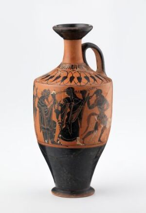  An ancient Greek amphora with black-figure pottery designs depicting human figures engaged in what appears to be a narrative scene, set against the red background of the clay.