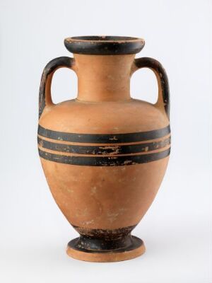  Ancient terracotta amphora with twin handles and black horizontal bands on its upper body, displayed against a neutral background.