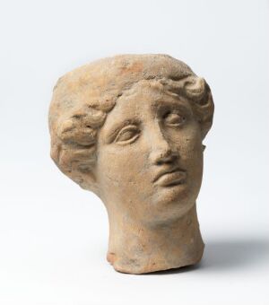  A classical terracotta bust of a woman with a serene expression, featuring wavy hair and soft features, set against a plain background.