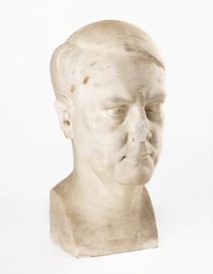  Sculpted bust by Wilhelm Rasmussen titled "Vidkun Quisling," carved from polished marble and displaying a male figure with a contemplative expression, subtle veins in the creamy white marble, sculpted hair, and fine facial detail.