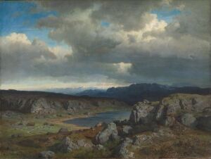  "Norwegian Highlands" by Hans Gude: An oil painting on canvas depicting the serene and rugged terrain of the Norwegian highlands with moss-covered foreground, a tranquil blue lake in the middle, surrounded by rocky outcrops and distant mountains under a dynamic and cloud-heavy sky.