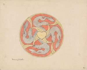  "Snorremotiv: Ulver om et hjerte" by Gerhard Munthe is an artwork featuring a round Norse design of four stylized red wolves intertwined around a central bright yellow heart, set against a pale yellow background with a grey outline, all rendered in watercolor on an off-white paper that shows natural signs of aging.