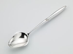  A polished metal spoon with an oval bowl and slender handle featuring an embossed design, resting on a light grey background.