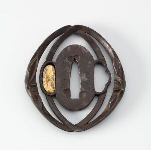  An antique, oval-shaped padlock with a complex design of braided metal bars surrounding a central locking mechanism with a dark brown patina and a contrasting tarnished gold-colored element near the keyhole. The lock appears to be in an unlocked state with a part above the keyhole missing, set against a light, neutral background. Artist name and title are unknown.