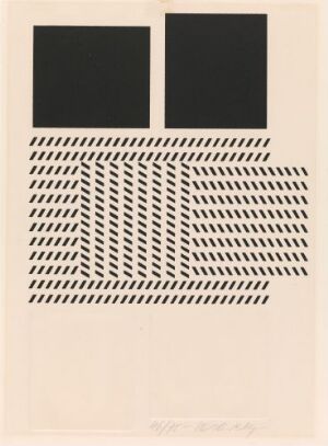  "Uten tittel" by Victor Vasarely, an abstract serigraph and relief print showing two black squares at the top on a warm beige background with rows of slanted black lines below, creating an optical illusion of a rippling surface.