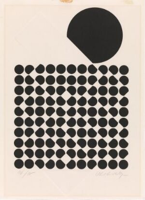  "Uten tittel" by Victor Vasarely, featuring an array of black circles in a grid on an off-white paper background with one circle positioned above the grid, creating a sense of anomaly within a uniform pattern.