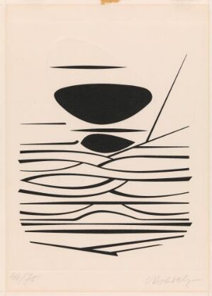  "Uten tittel" by Victor Vasarely is a minimalist black and white serigraph featuring undulating black lines and two central ellipse shapes on an off-white paper, creating an illusion of movement and depth.